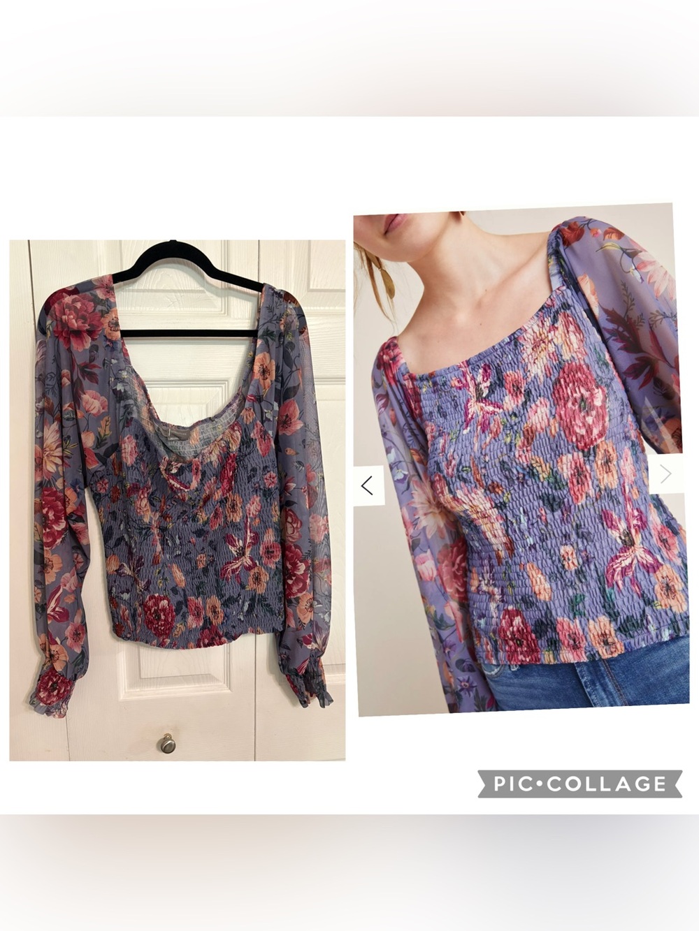 Anthropologie Rouen Smocked Floral Sheer Balloon Sleeve Top L Large Romantic